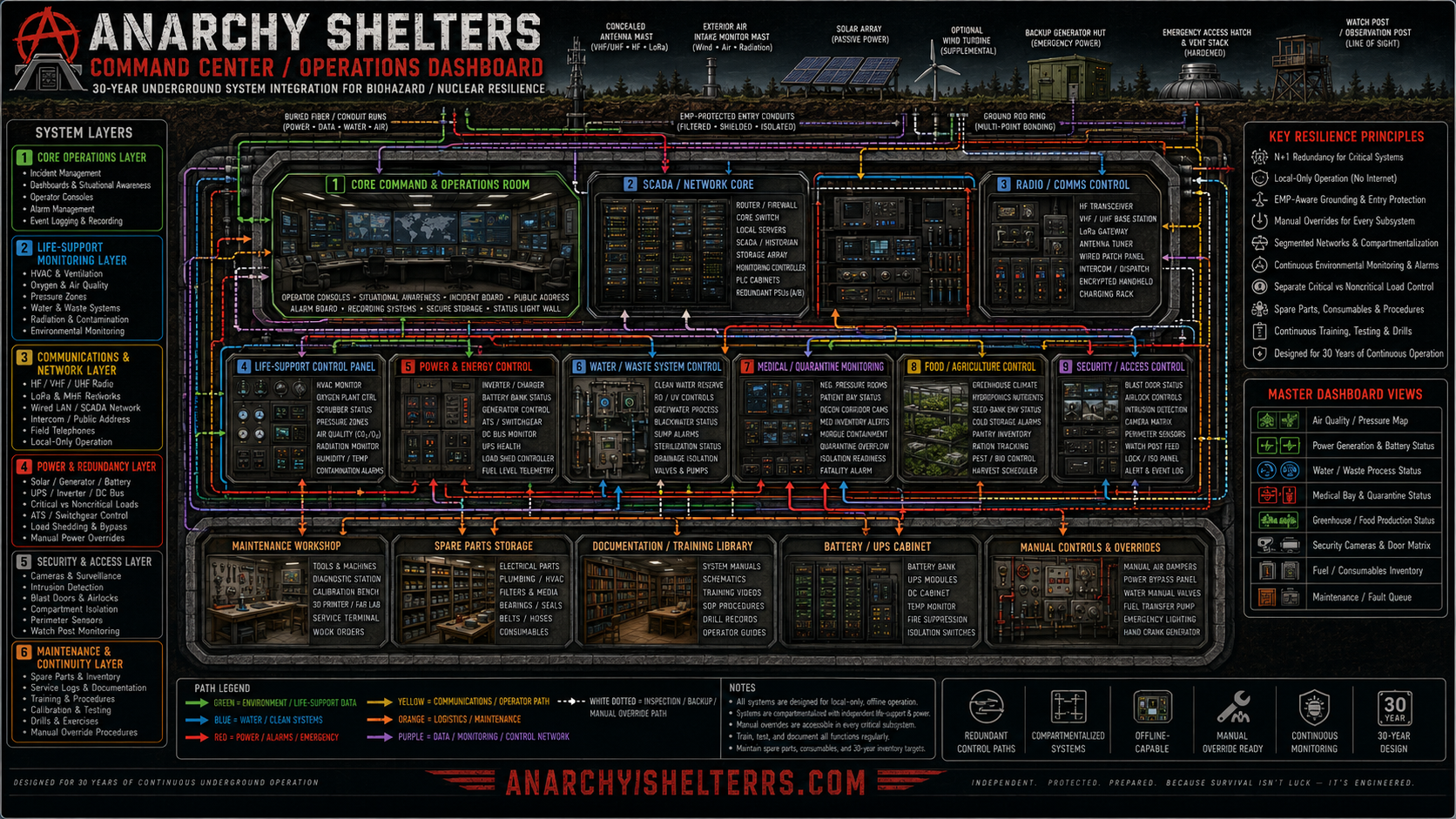 Underground command center and operations dashboard schematic showing monitoring, SCADA, communications, power, water, medical, food, and security controls.