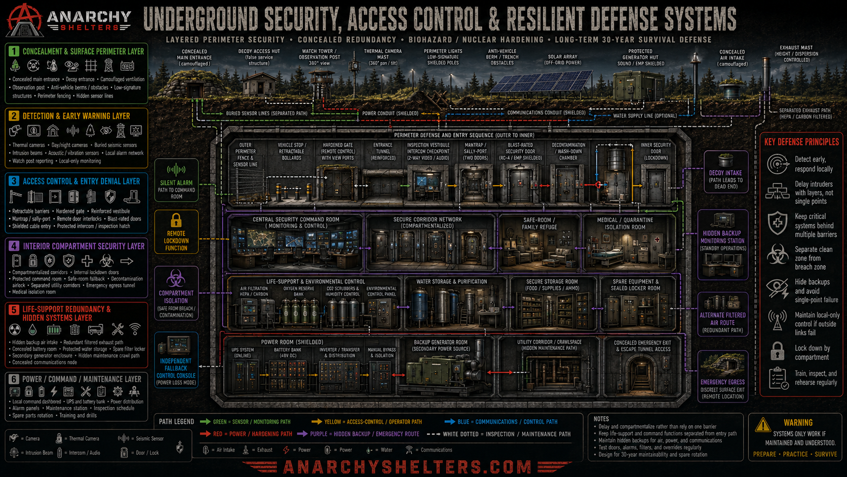 Underground security and access control schematic showing perimeter sensors, reinforced entry sequence, secure corridors, safe room, redundant life-support, and hidden backup systems.