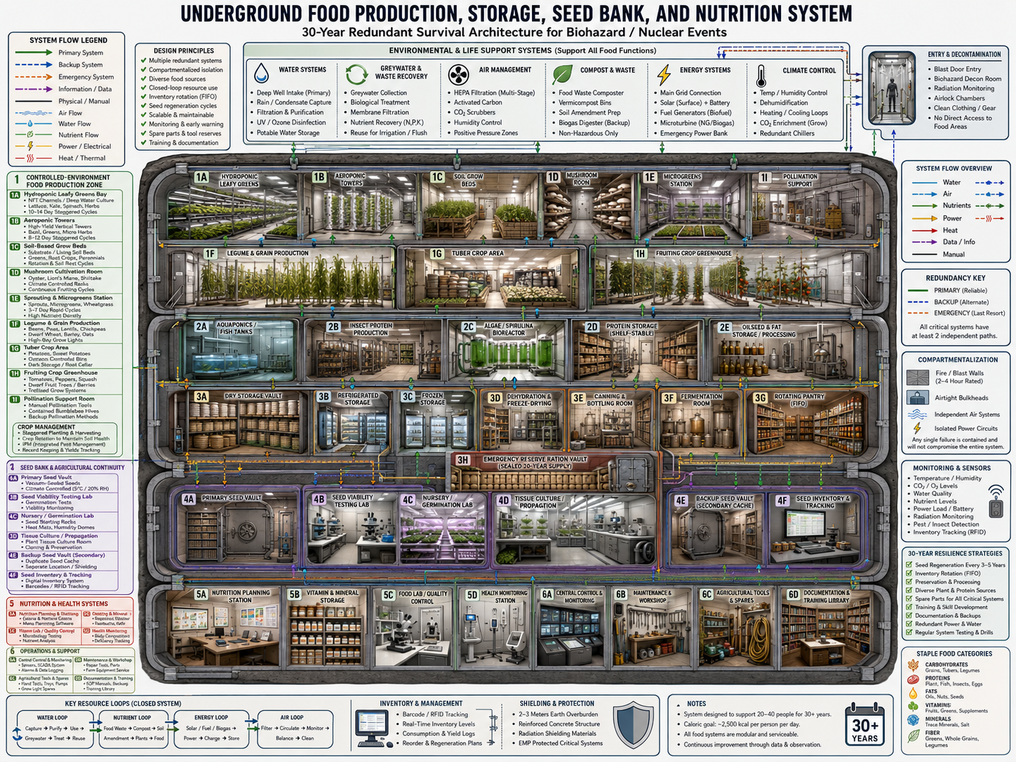 Underground food production and survival system schematic showing hydroponics, aeroponics, mushroom cultivation, aquaponics, seed vaults, food storage, and nutrition planning.