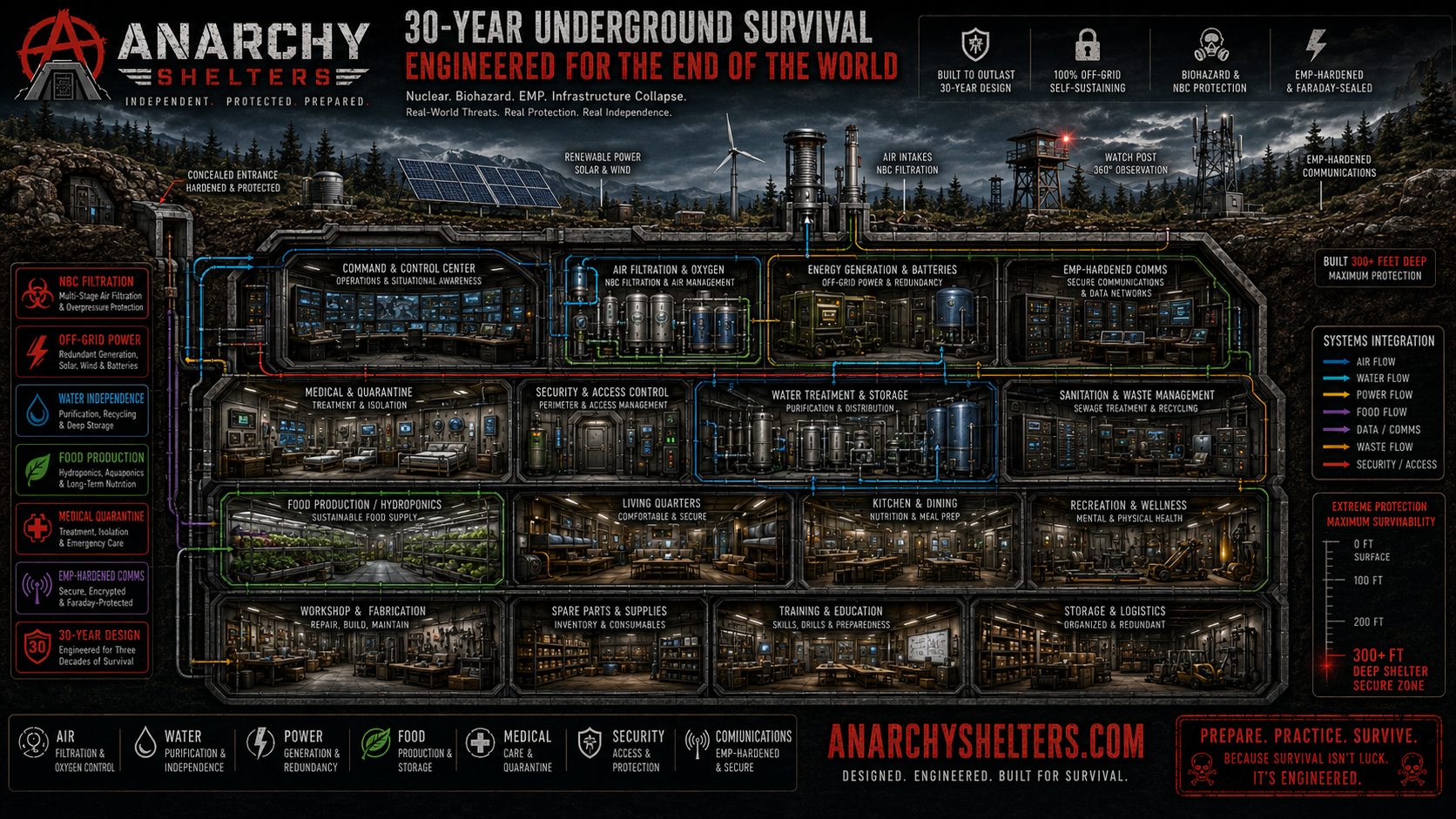 Dark tactical underground survival shelter schematic with command center, air filtration, power, water, food, medical, security, communications, workshops, and living quarters.